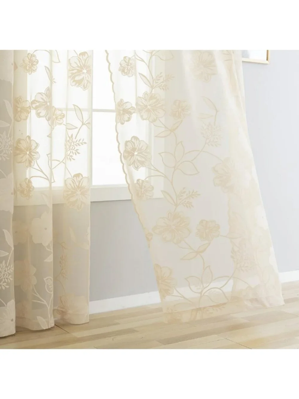 Elegant Sheer Lace Curtains, Beige Scalloped Design, 84